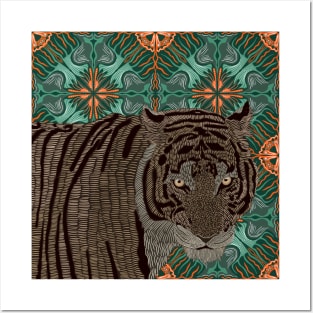 Cool Tiger on Modern Orange and Green Pattern Posters and Art